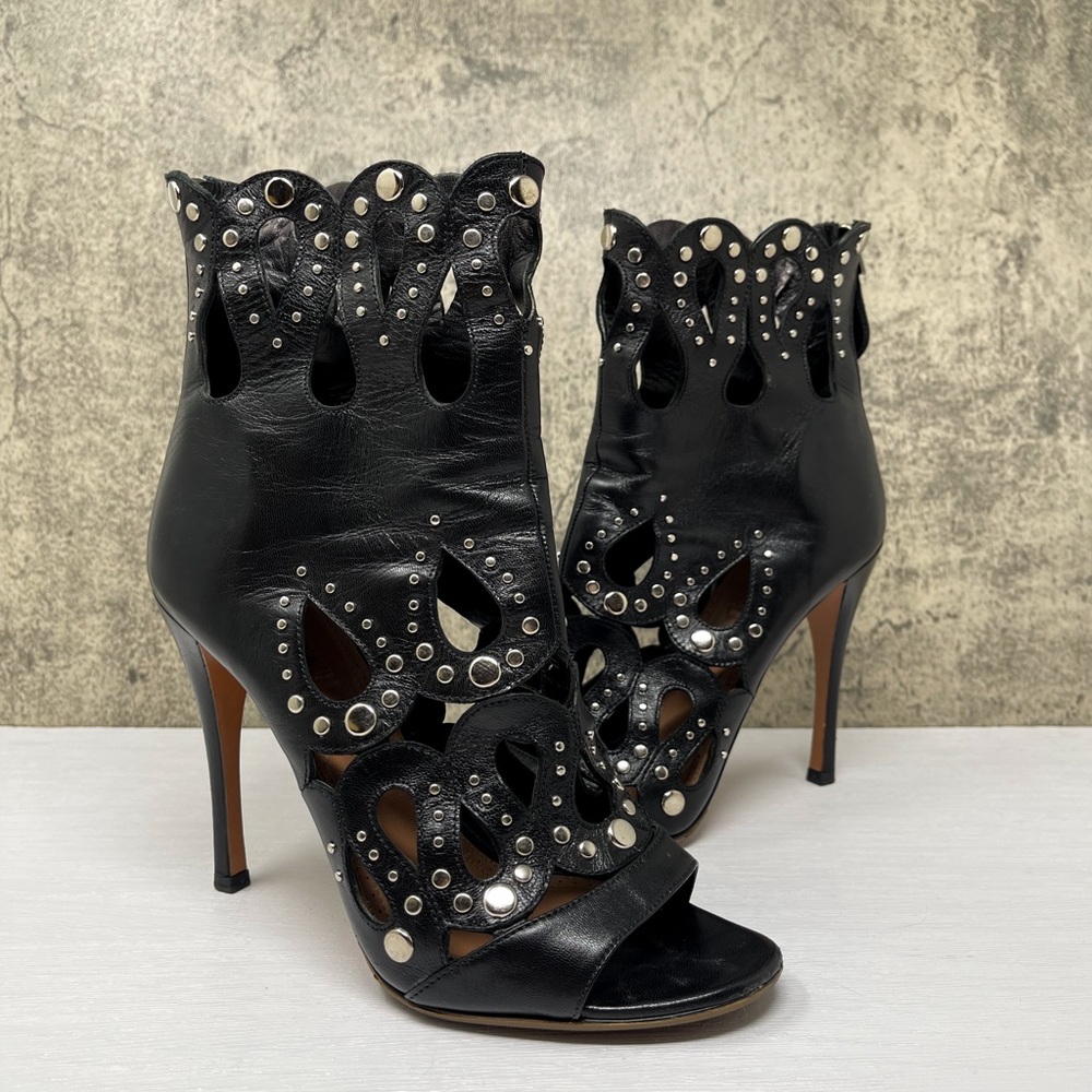 Alaia Paris black leather studded open toe heels, stiletto open toe booties, 37